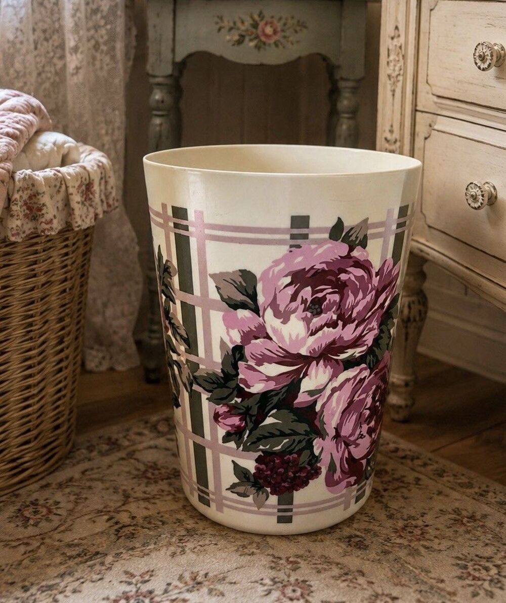 Vintage Floral Wastebasket Pink Roses Plaid Plastic Trash Can Cottage Decor 10in